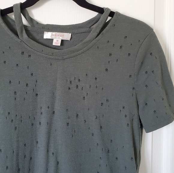 🍍LA VIE 89 Olive Green distressed t-shirt sz. M - Picture 2 of 3